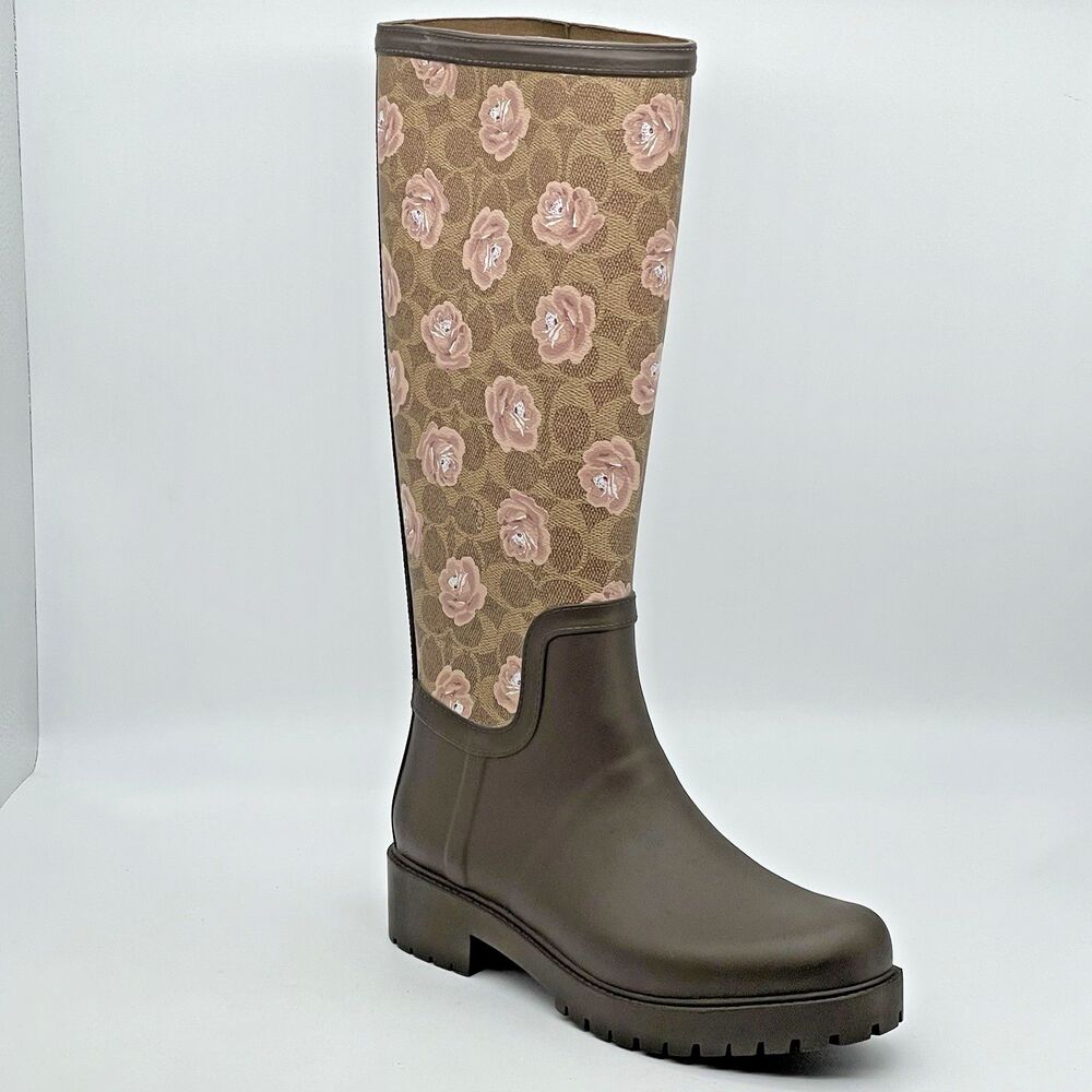Coach Signature Rubber Rain Boots Tan Women’s 8B Dark Brown Floral Pink Coquette - Picture 2 of 16